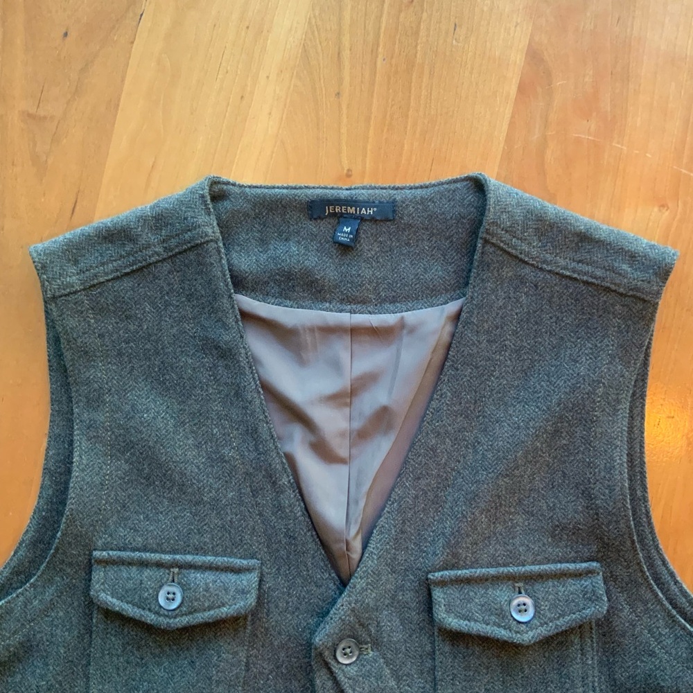 Brown Herringbone Tailored Vest with V-Neckline